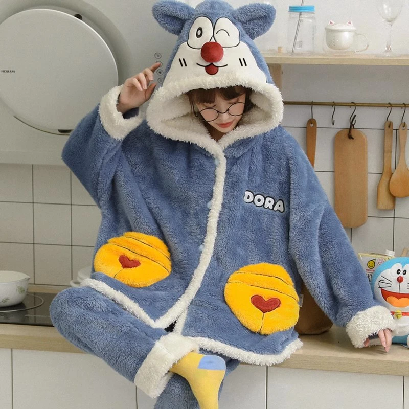 叮当猫长毛绒珊瑚绒睡衣女秋冬季加厚加绒可爱保暖家居服套装