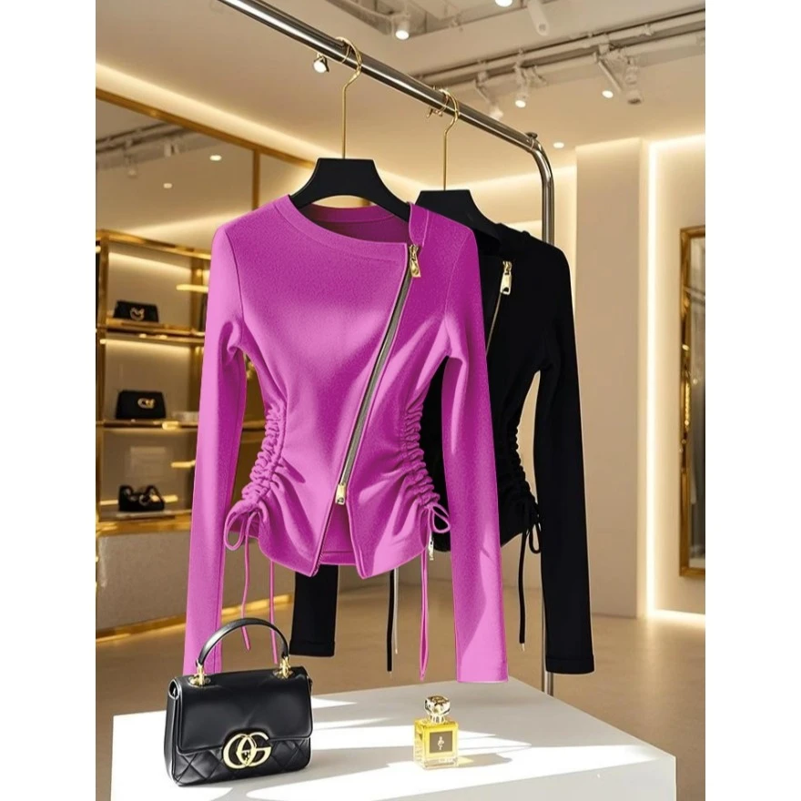 小众不撞款时尚斜拉链卫衣外套女款2024冬季抽绳收腰显瘦内搭上衣