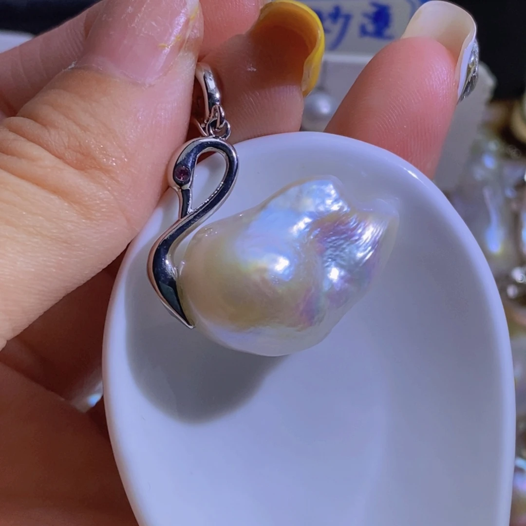 银S925镶嵌淡水珍珠天然珍珠无染色，无优化