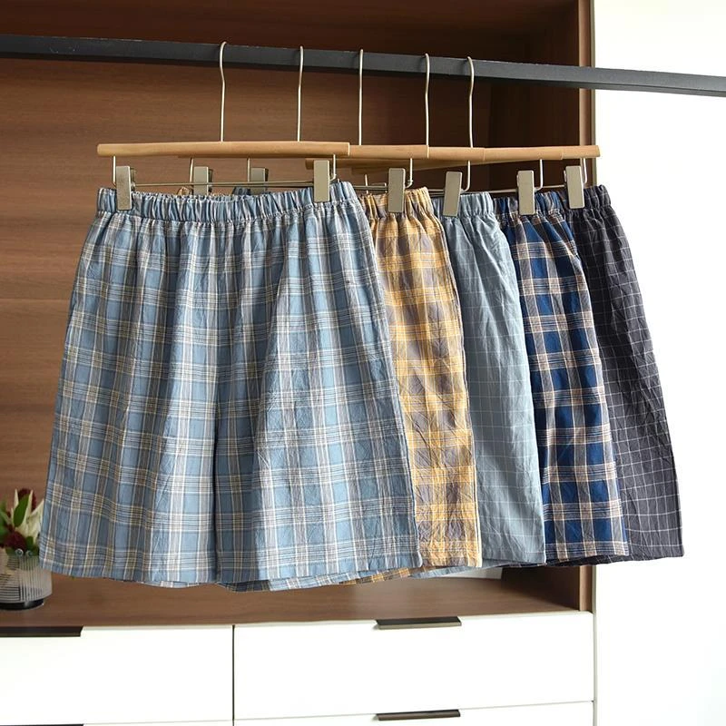 夏季男士纯棉松紧腰家居短裤日系格子薄款休闲睡裤口袋可外穿大码