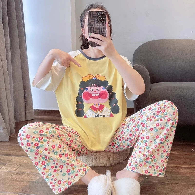夏季款动漫女孩卡通莫代尔睡衣女短袖长裤休闲宽松青年圆领家居服