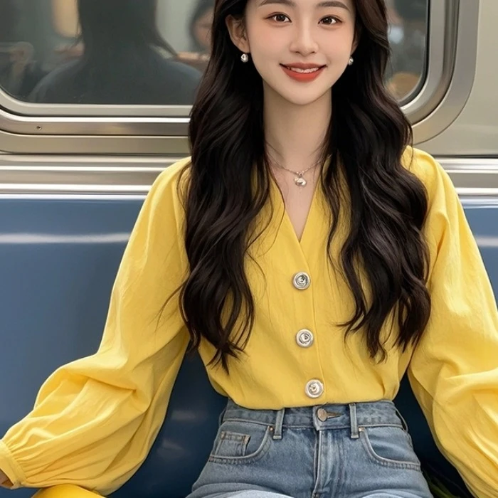 法式V领黄色泡泡袖衬衫女春季独特韩系chic别致上衣别致漂亮小衫