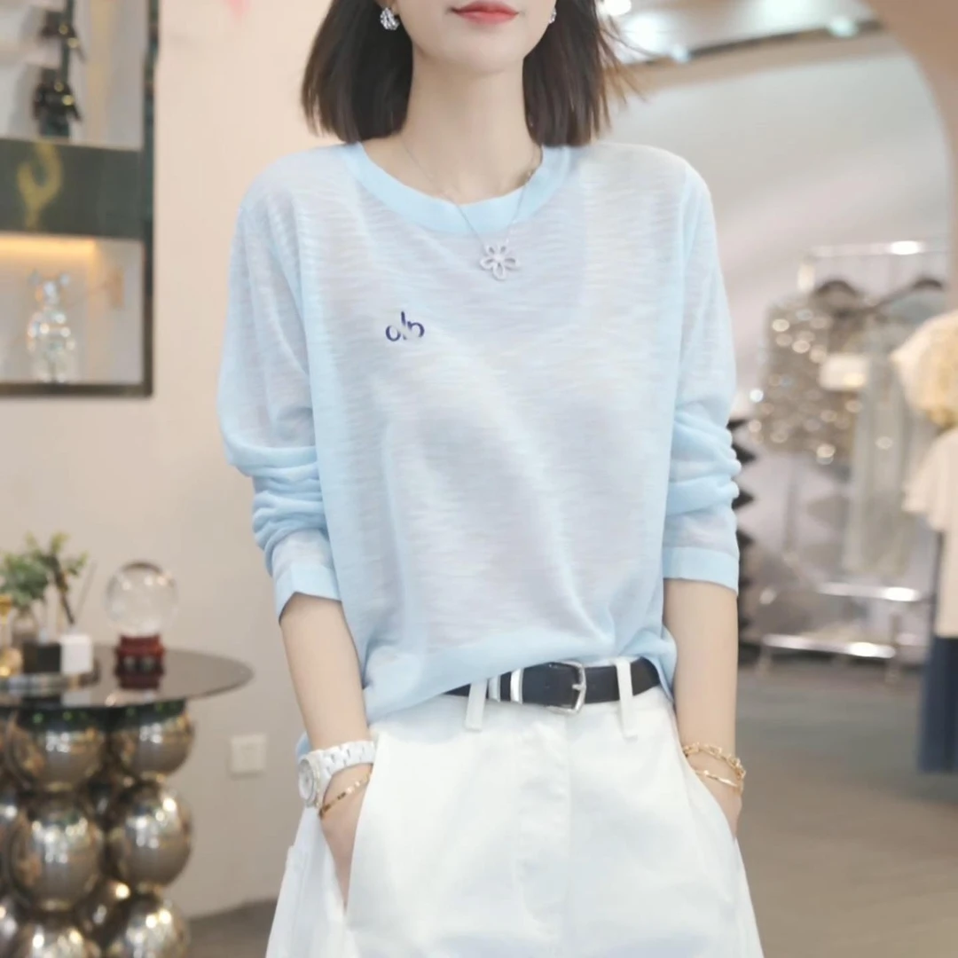 蓝色冰丝薄款防晒恤女夏季空调罩衫2025年新款韩系慵懒宽松上衣