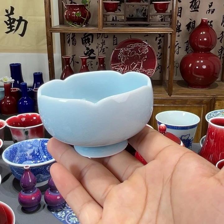 景德镇陶瓷浅行蓝色海洋花口杯