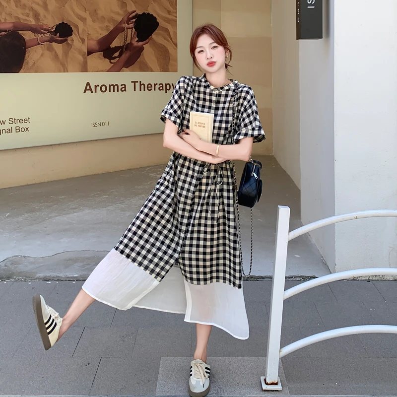 日系文艺范复古黑色格子连衣裙裙子女2025新款拼接裙摆收腰衬衫裙