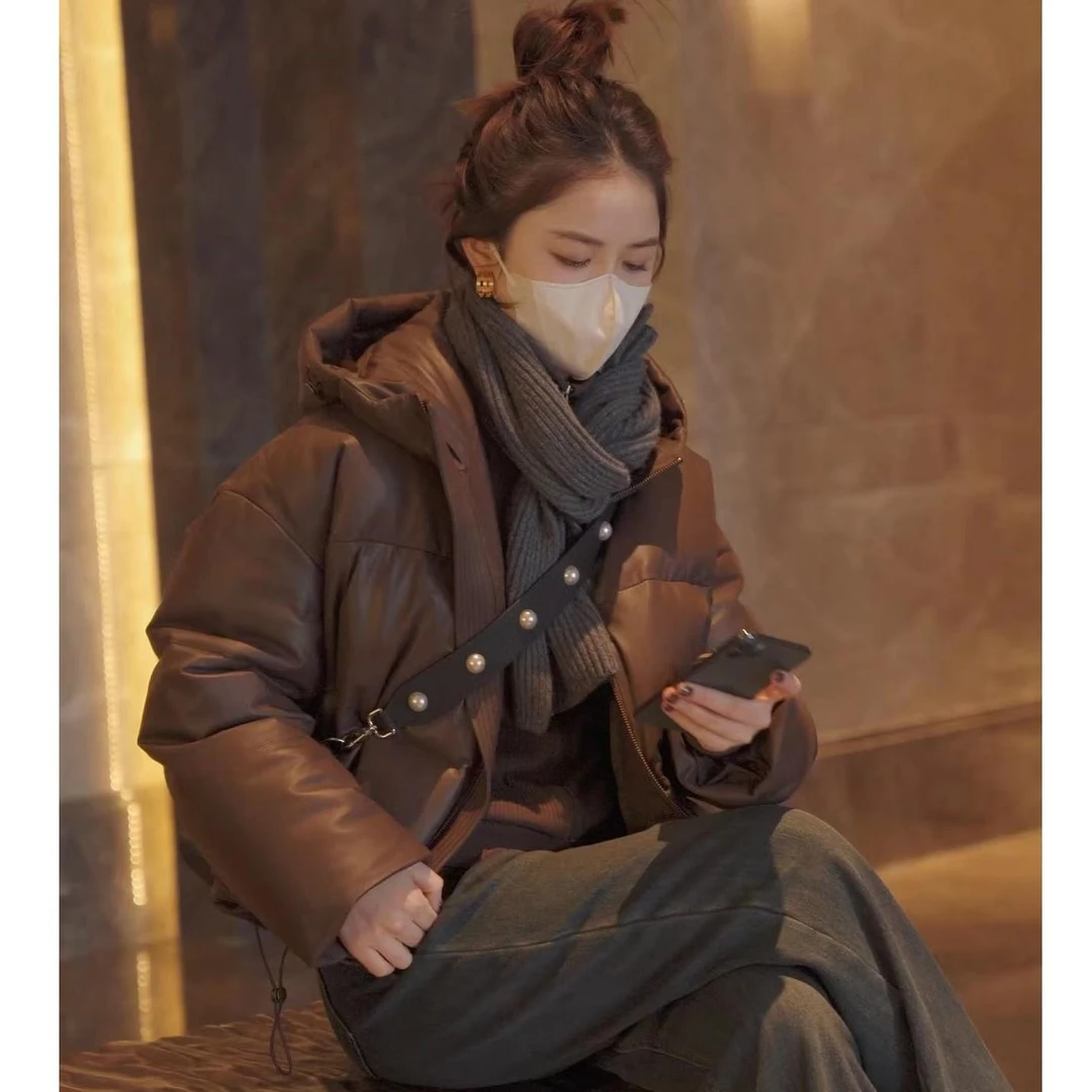 以赛亚 巴黎之约 深冬90白鹅绒韩版宽松连帽宽松真皮羽绒服女2396