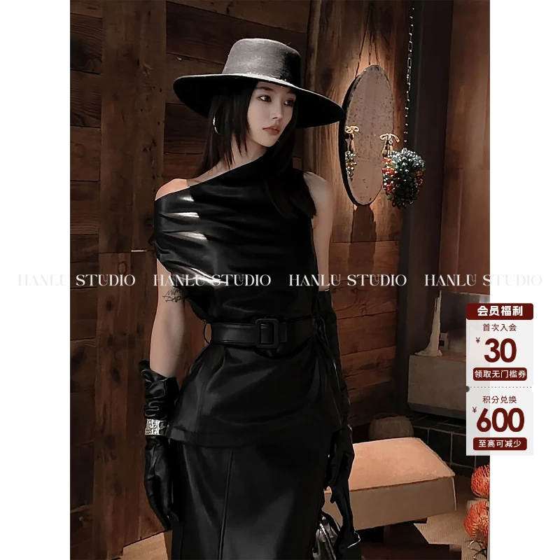 HANLU STUDIO品牌原创小众设计又Ａ又飒解构设计收腰显瘦无袖皮衣