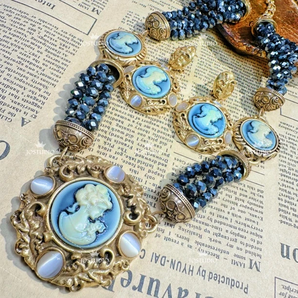 铜合金树脂项链 中古铜合金精灵欧美风浮雕卡梅奥项链耳拍套链