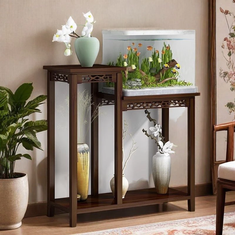 简易鱼缸架子家用落地小型客厅装饰水族箱底座实木简约多层置物架