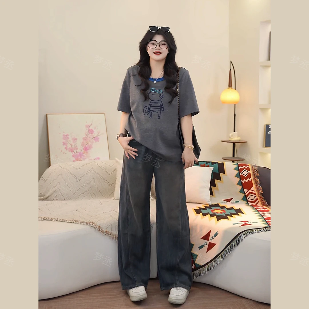 梦丞-小猫刺绣冬季大码女装可爱显瘦百搭撞色眼镜开叉短袖T恤上衣