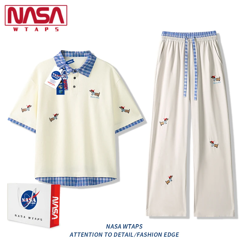 NASA WTAPS腊肠狗短袖休闲运动套装男款夏季冰丝POLO衫裤子两件套
