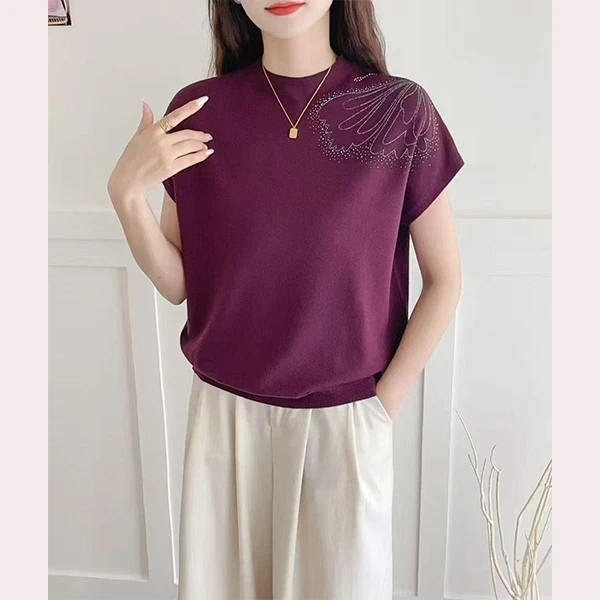 春秋季高弹力半高领毛针织衫落肩袖短袖外穿妈妈装烫钻背心女122