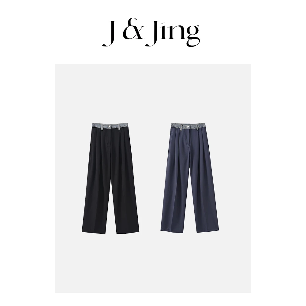 J&Jing-「长腿特派」-上新~韩版明星同款撞色牛仔腰西装裤XW106