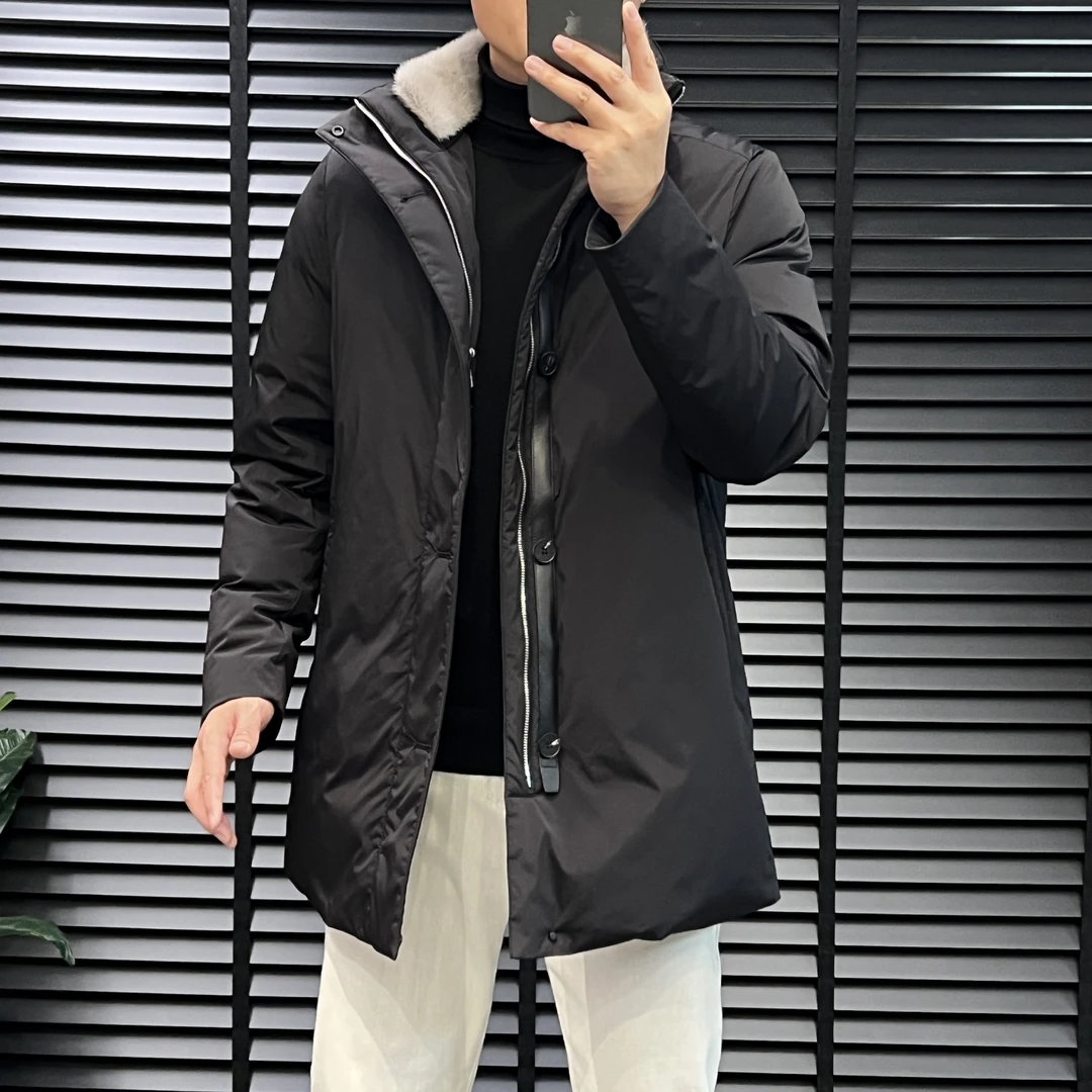 冬季男士高品质中长款水貂领配羊皮鹅绒内胆高级感休闲保暖羽绒服