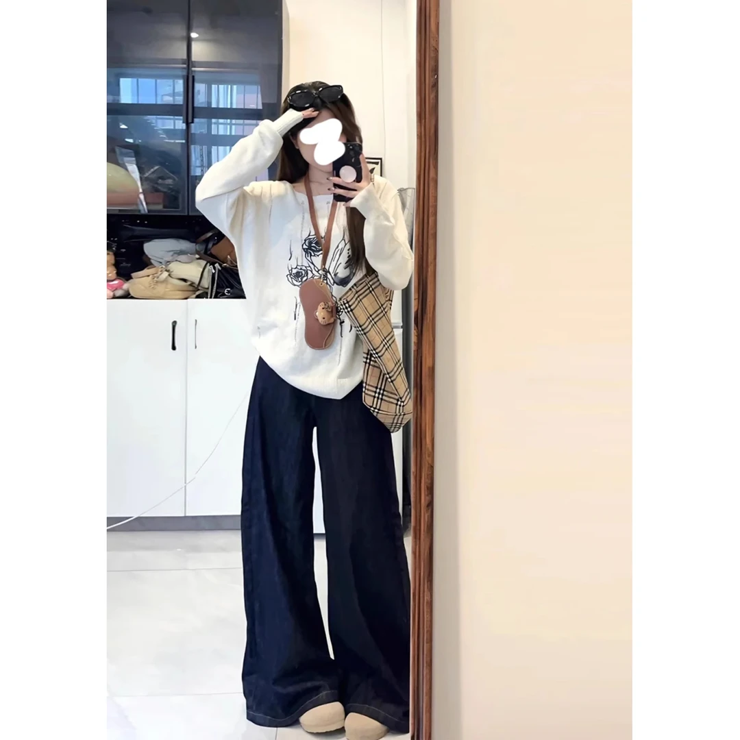 【Mii studio麻辣靓美搭】原牛美式蓝灰色阔腿牛仔裤宽松阔腿拖地裤