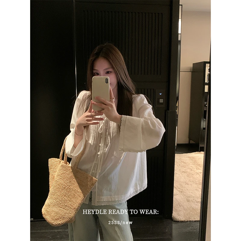 黑豆哼哼 轻法少女*春装蕾丝镂空花边法式莫代尔雪纺小衫上衣女