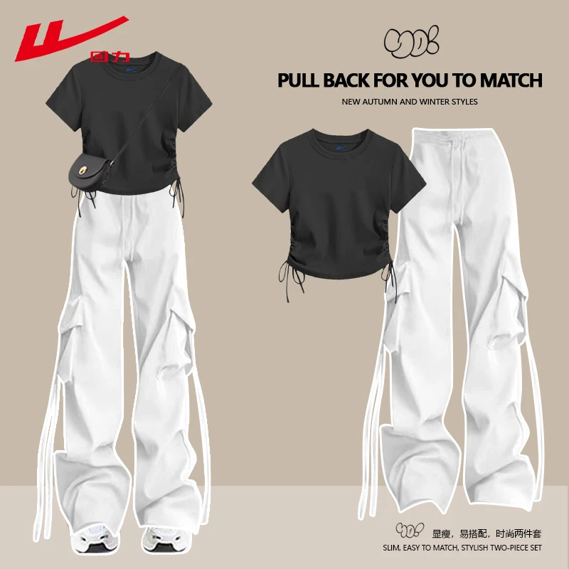 回力显瘦两件套装T恤女纯棉夏季日系夏装校园风短袖工装裤多巴胺
