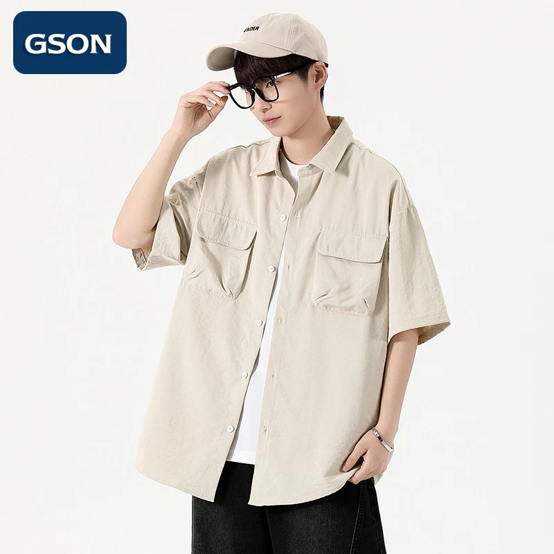 集团品牌GSON冰丝短袖衬衫男士夏季潮牌痞帅小众衬衣青少年男T恤