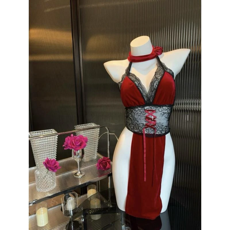 迷恋【微醺玫瑰】80-170斤大码性感纯欲风开叉高奢蕾丝挂脖吊带睡裙