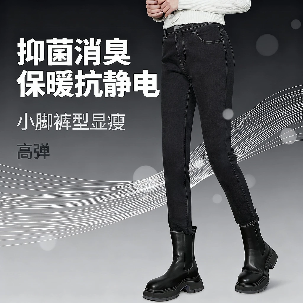 抑菌消臭抗静电威化太阳中空保暖加绒女士弹力小脚裤YJ601牛仔裤