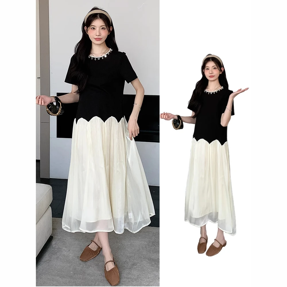 2025新款夏装大码高级感拼接显瘦遮肉长短袖长款连衣裙女