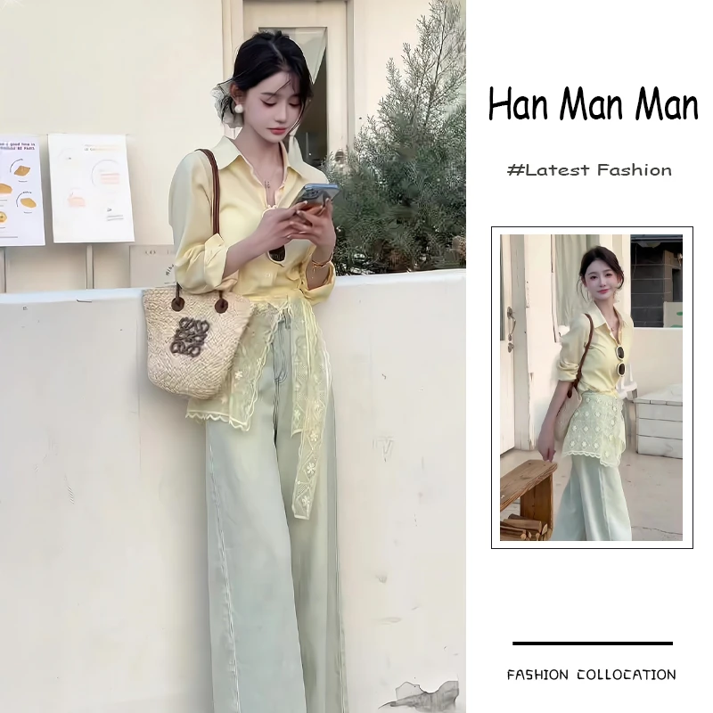 春季流行穿搭一整套新款2025韩范时尚风衬衫蕾丝披肩牛仔裤三件套