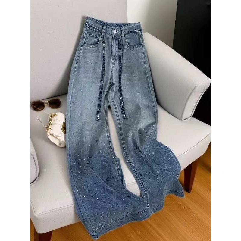 设计感复古烫钻牛仔裤女夏季大码梨形身材高腰宽松显瘦直筒阔腿裤