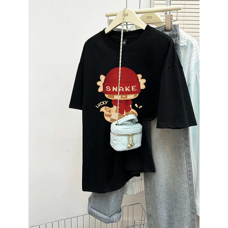 2025蛇年新款纯棉短袖T恤女装春夏季国潮宽松休闲圆领半袖上衣潮