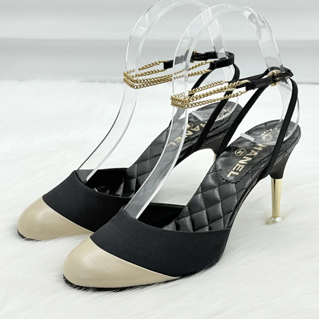 99新 Chanel/香奈儿 金链拼色珍珠高跟鞋 36.5码 公价7.8k j6078