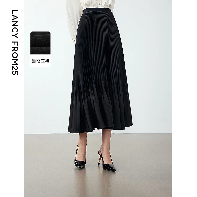 朗姿2024年冬季新款法式设计感气质鎏光轻礼压褶鱼尾裙摆半身裙女