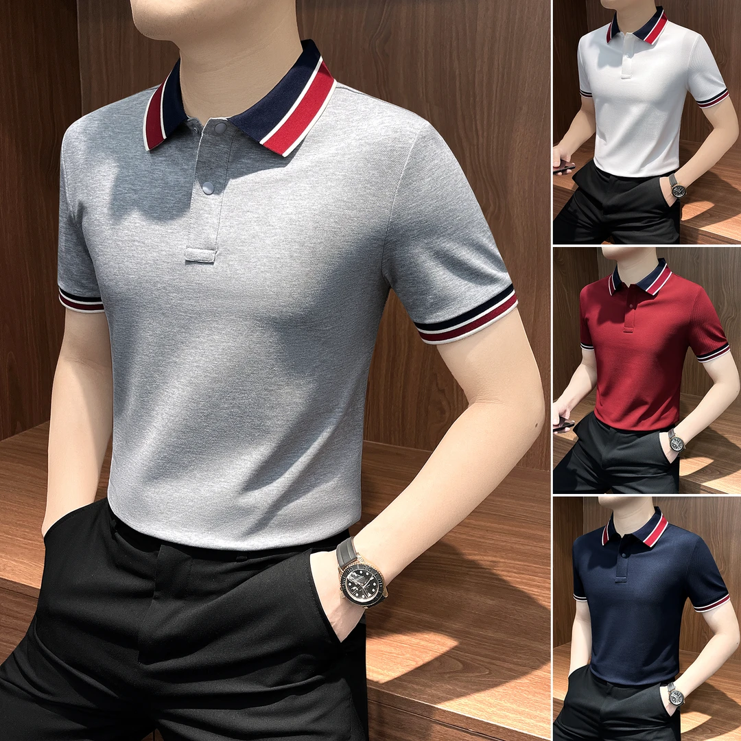 拼色男士polo衫夏季薄款痞帅高级感男装潮流修身纯色短袖男款T恤