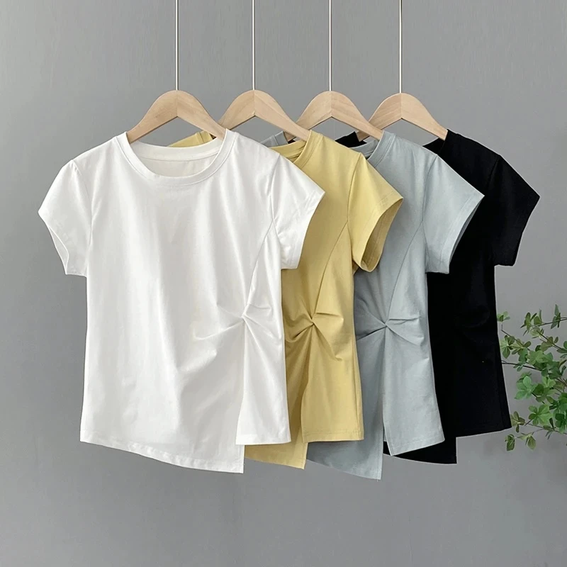 2025新款新款爆款短袖T恤女圆领不规则抽褶下摆开叉显瘦打睡衣女