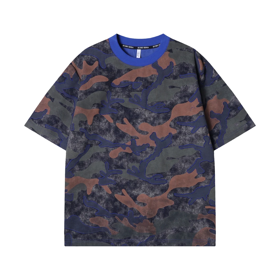 早春新款时尚个性韩版撞色印花刺绣圆领半袖T恤潮流百搭痞帅上衣