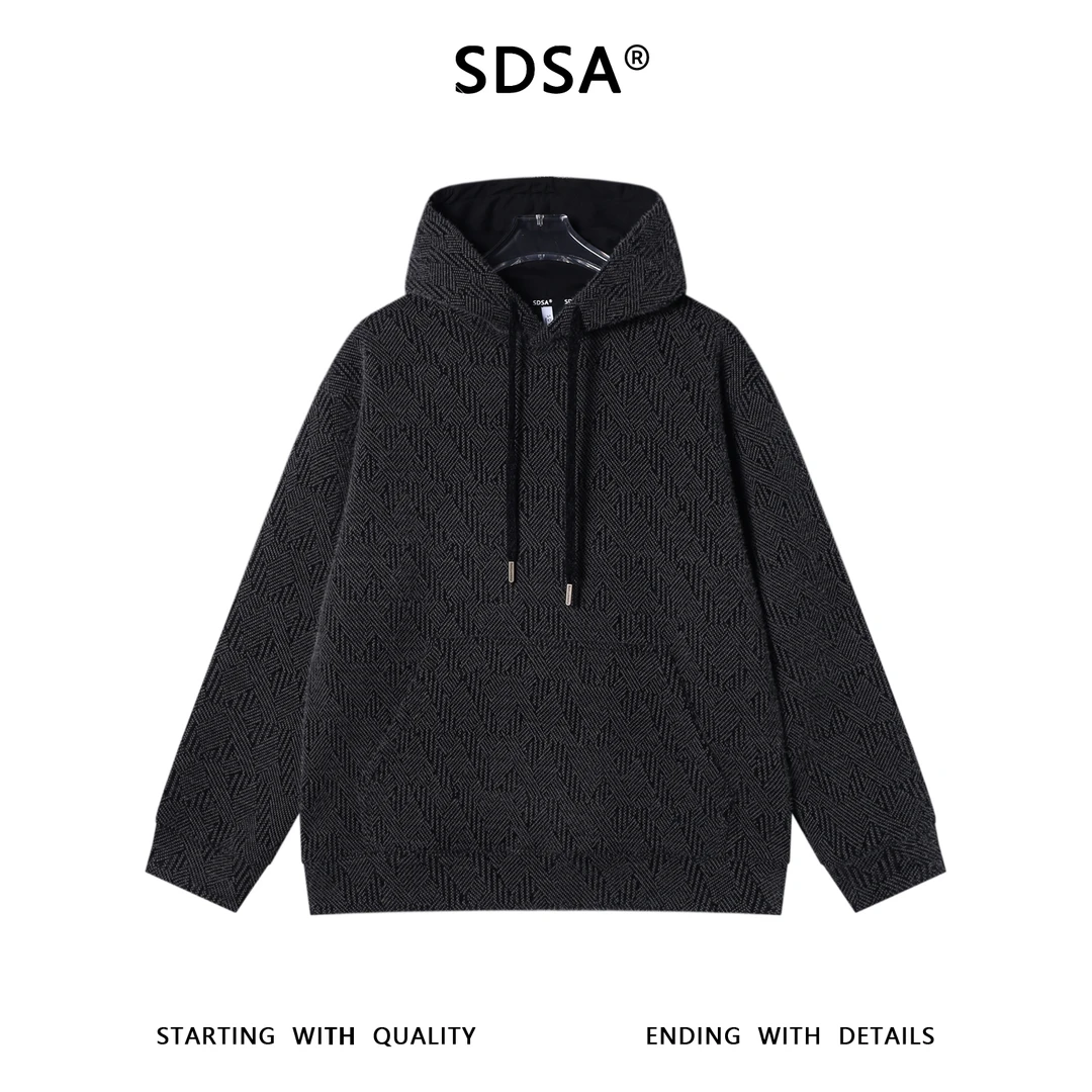 SDSA男士秋冬新款痞帅男装潮牌撞色格纹抽绳连帽卫衣时尚宽松百搭