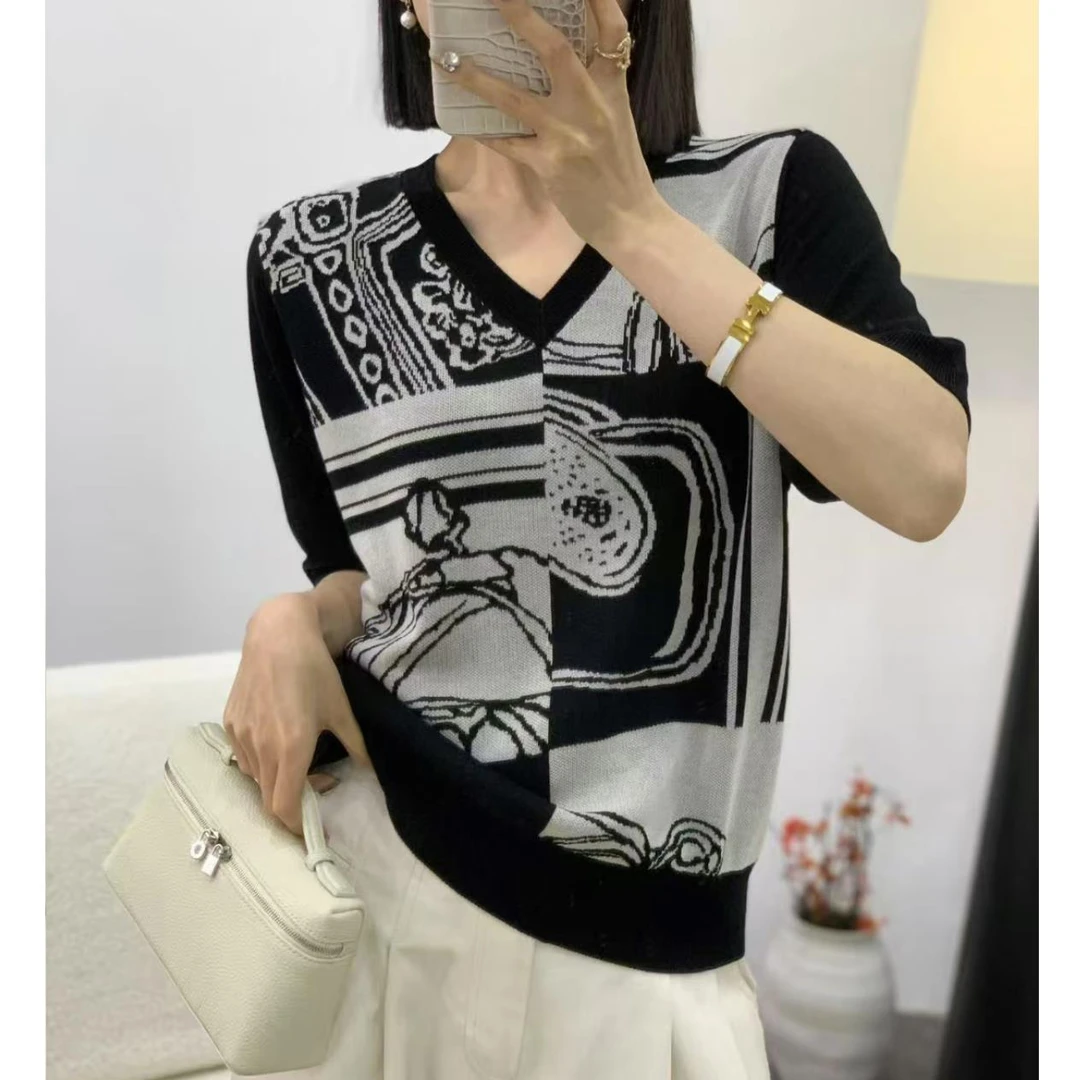 琉璃-欧货涂鸦提花 100莱赛尔天丝夏季薄款短袖c307