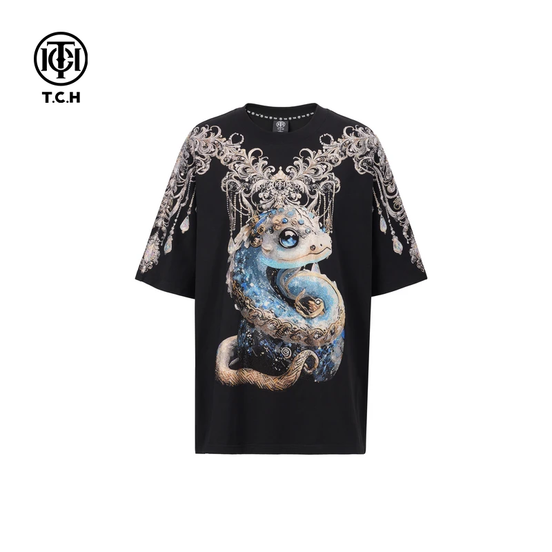 《店播专用》高定生肖蛇烫钻大翅膀宽松圆领短袖T恤T75B106006
