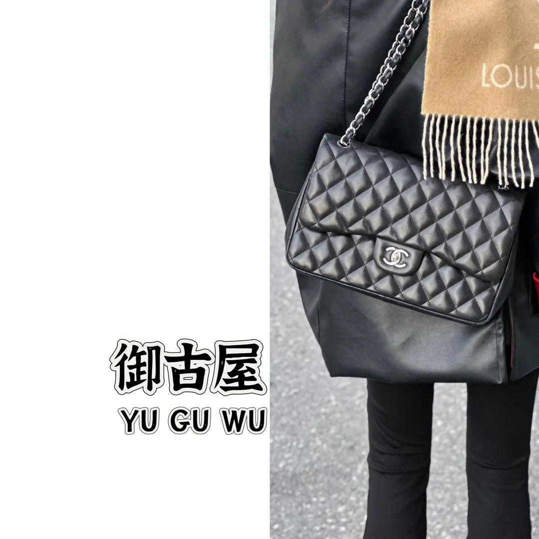 95新 Chanel/香奈儿 御古屋/35862/jumbo cf 黑银羊皮 22开 有卡