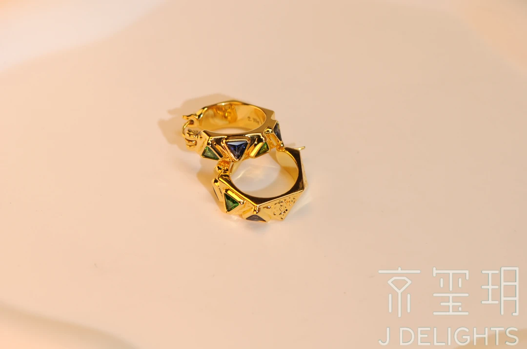 999足金5D镶嵌款多边形耳环