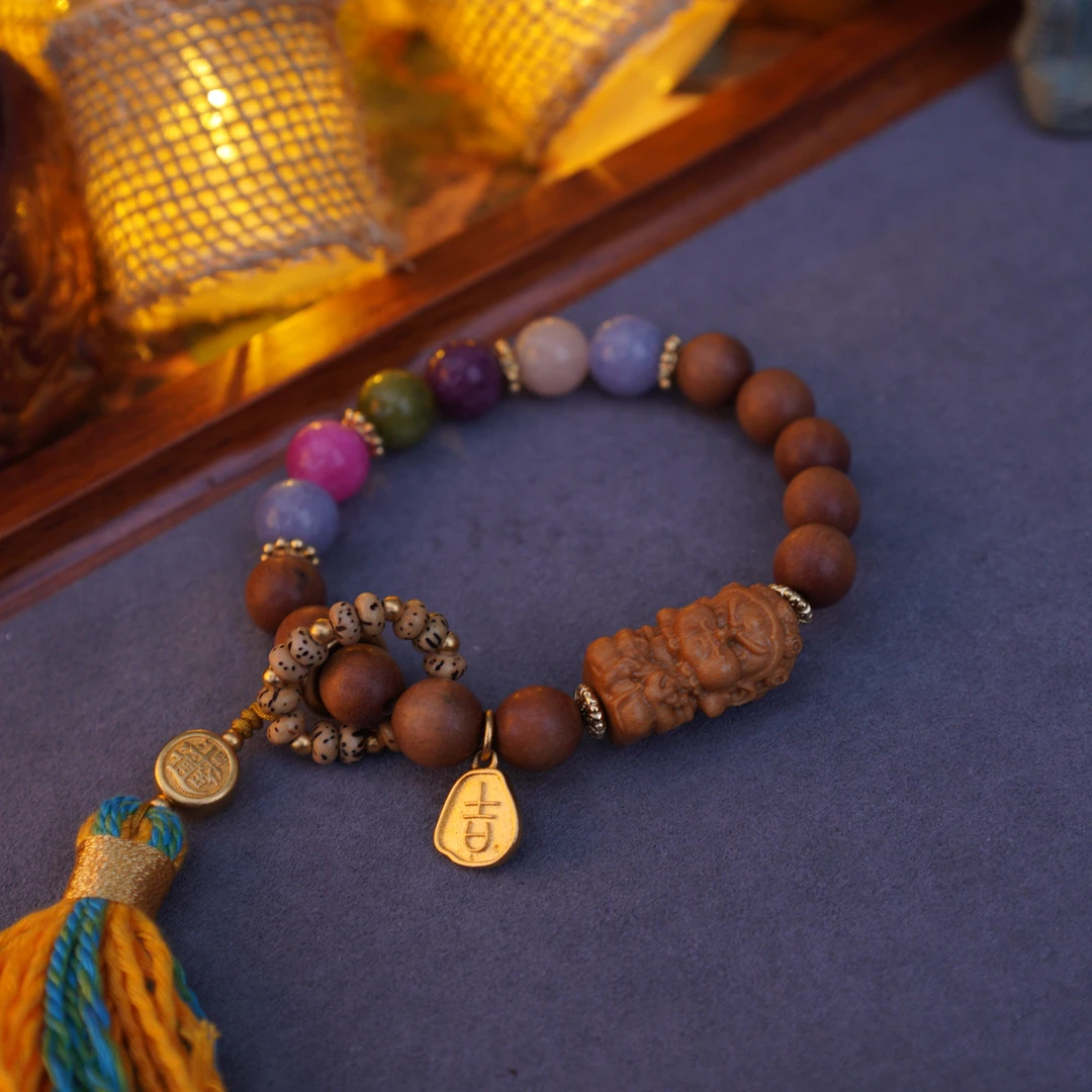 非金属木质手链 拉萨文创设计手作精工雕刻黄财财流苏檀木手串