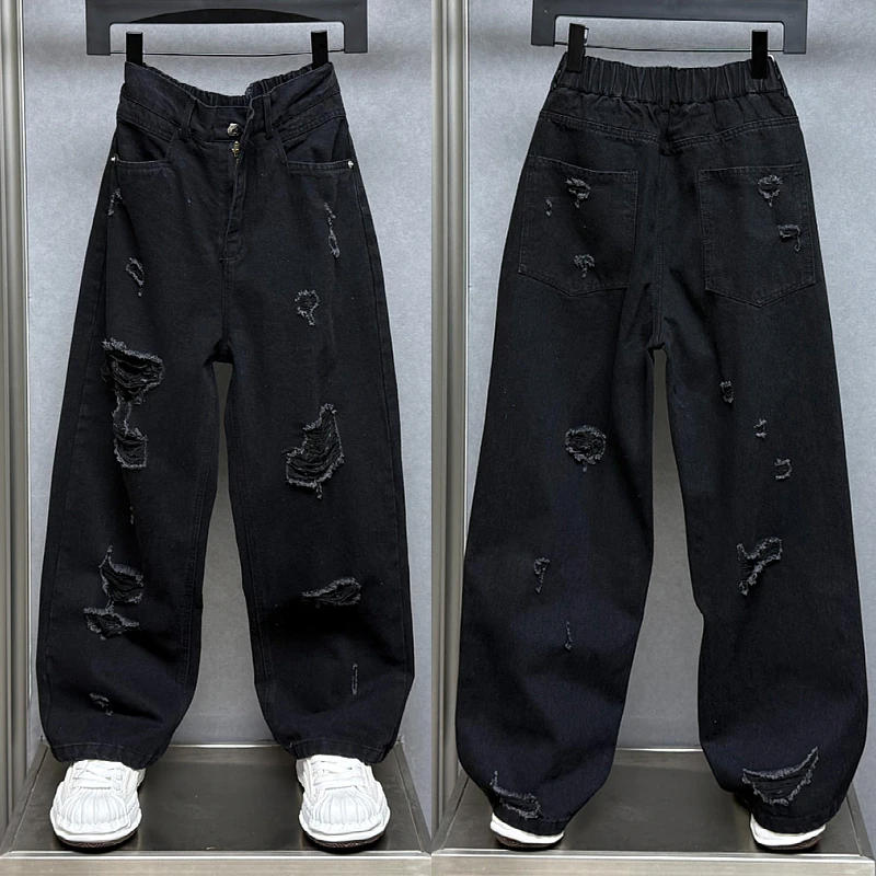 夏季新款美式青年男黑色破洞原创爆款破洞乞丐休闲直筒阔腿牛仔裤