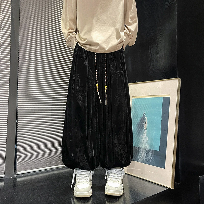 阔腿灯笼裤男士暗黑系潮牌金丝绒休闲裤中国风龙纹提花宽松哈伦裤