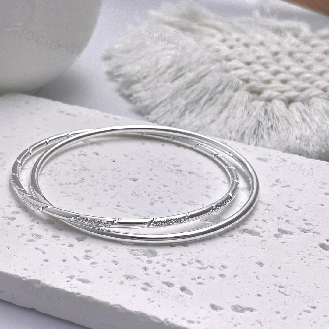 足银手镯 天生浪漫款双环间沙闭口足银9999手镯实心简约时尚素圈
