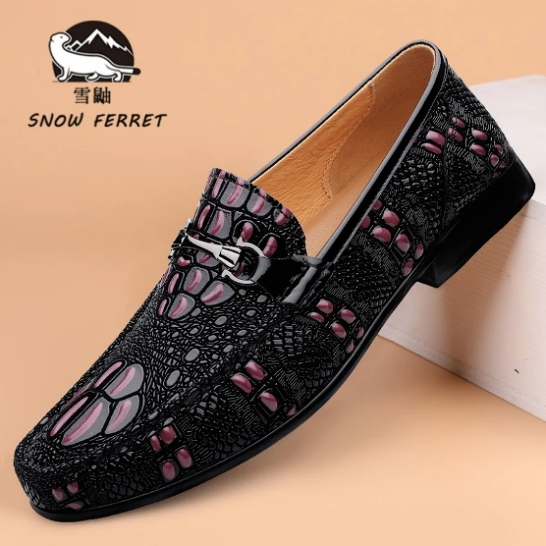 加拿大SNOWFERRET正品皮鞋男英伦风商务豆豆鞋真皮鳄鱼纹高档男鞋