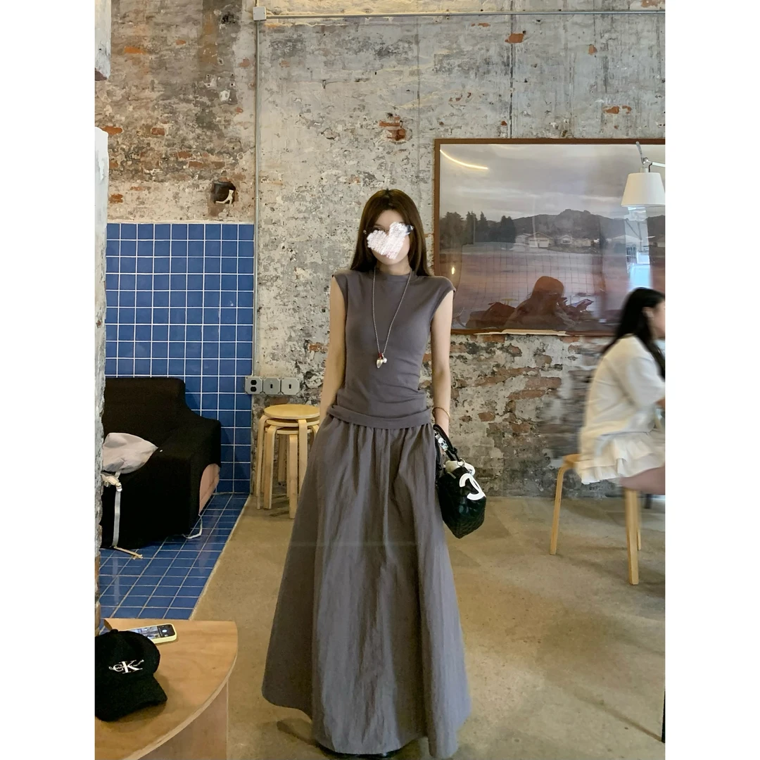 美式复古灰色宽松松紧腰工装半身裙夏季休闲长裙+短袖T恤裙子