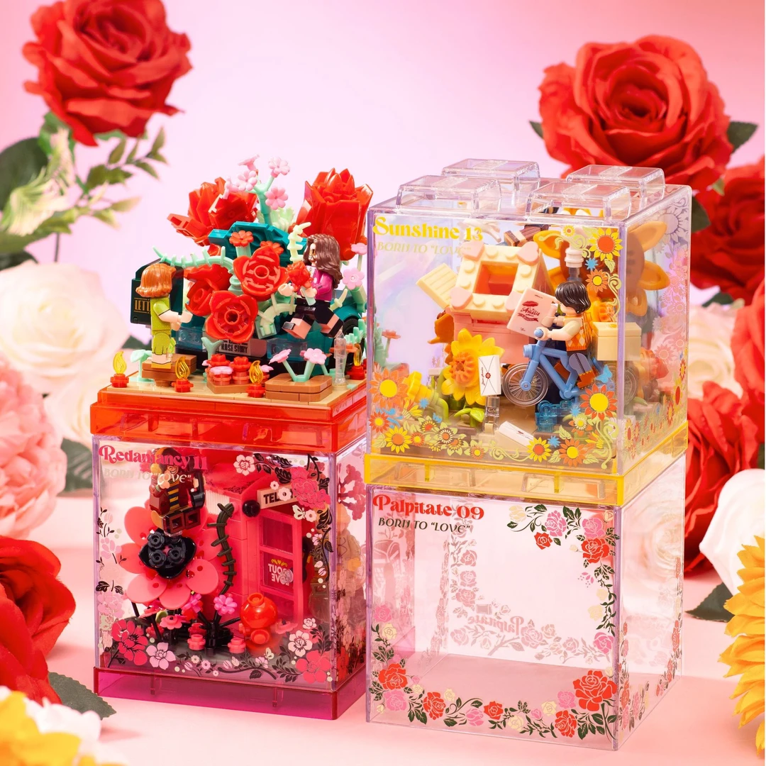 森宝积木花BOX玫瑰永生花束场景创意手工diy拼装桌面摆件情侣礼物