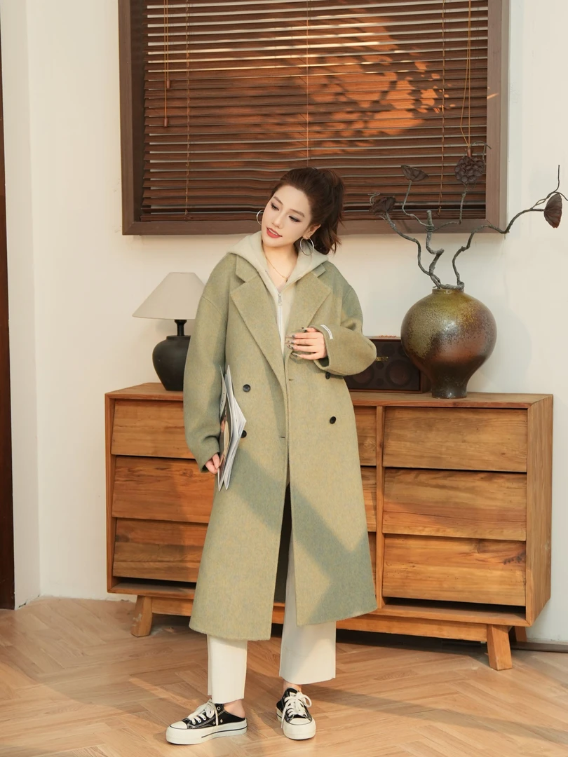 25902 法式慵懒风双排扣翻领宽松廓形羊毛大衣加马甲