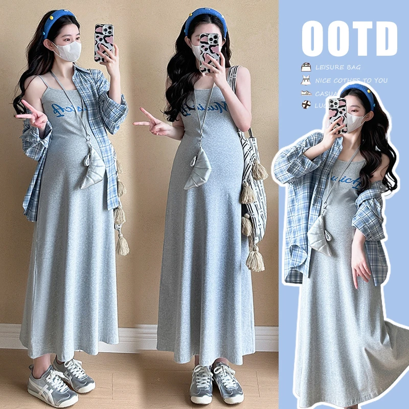 孕妇装夏装套装2025新款韩版格子长袖防晒衬衫宽松显瘦吊带连衣裙