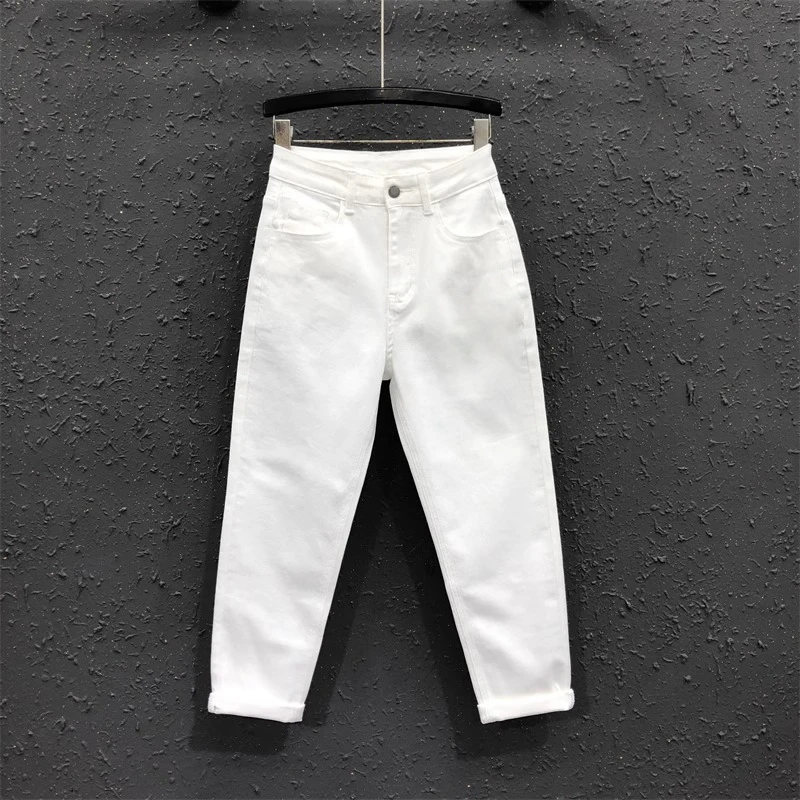 欧货白色休闲简约老爹哈伦裤女士2025秋季新款时尚高腰显瘦牛仔裤