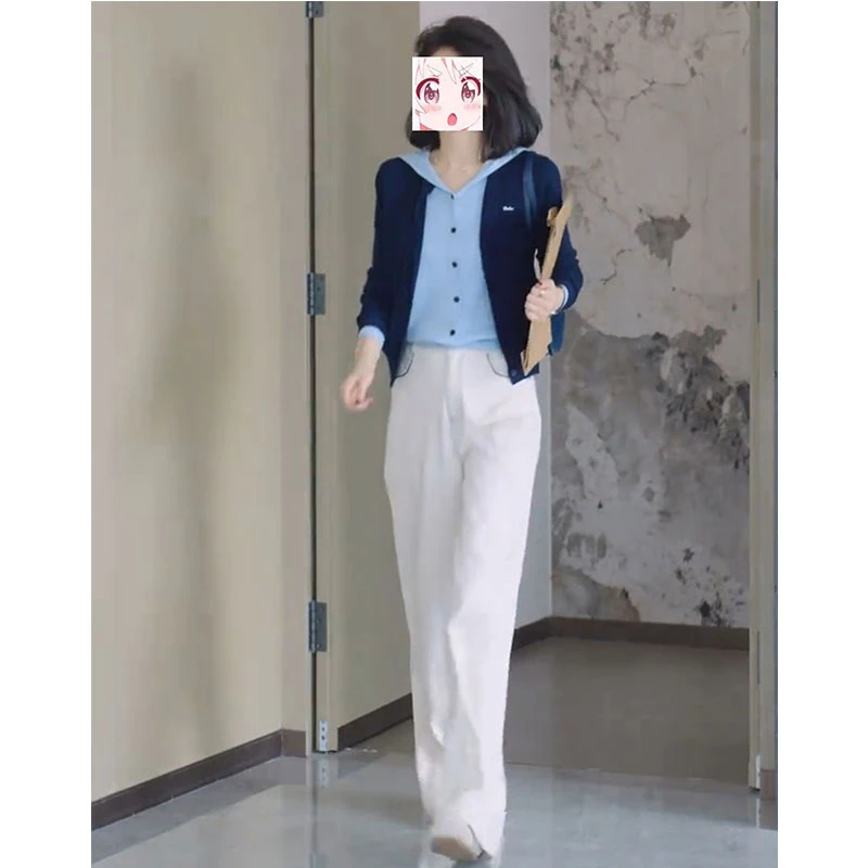 秋季时尚绝美气质撞色假两件连帽长袖针织开衫减龄学院风直筒裤子