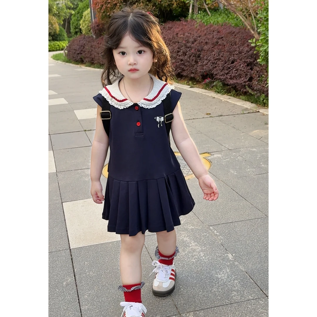 韩版童装女童连衣裙2025新款夏季儿童学院风背心裙宝宝蓝色裙子